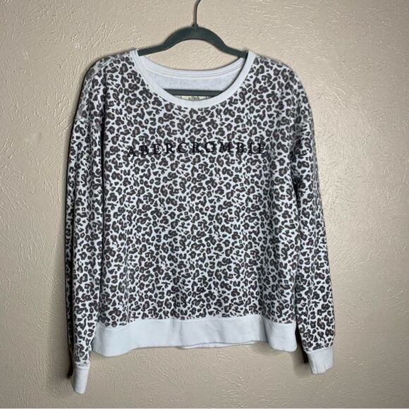 Abercrombie & Fitch Logo Pullover Sweatshirt Leopard Print White Sweater - Picture 1 of 7